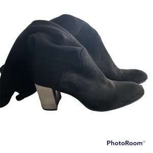 Black Knee high sock boots with silver block heel